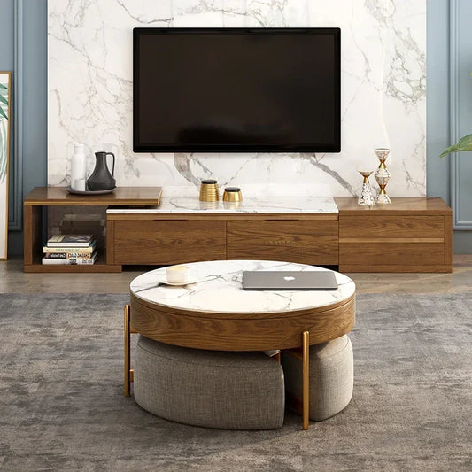 Mesa de centro redonda de elevación ligera de lujo, mueble de TV, sala de estar minimalista moderna, almacenamiento de placa de piedra, mesa de té y silla