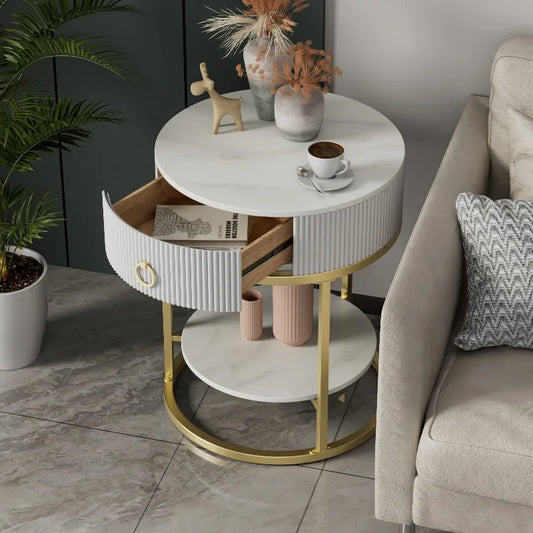 Luxury Modern Round Rock Plate Drawer Tea Table Living Room Sofa Simple Side Table