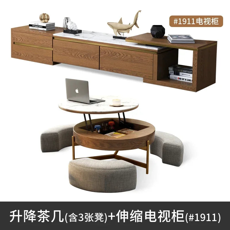 Mesa de centro redonda de elevación ligera de lujo, mueble de TV, sala de estar minimalista moderna, almacenamiento de placa de piedra, mesa de té y silla