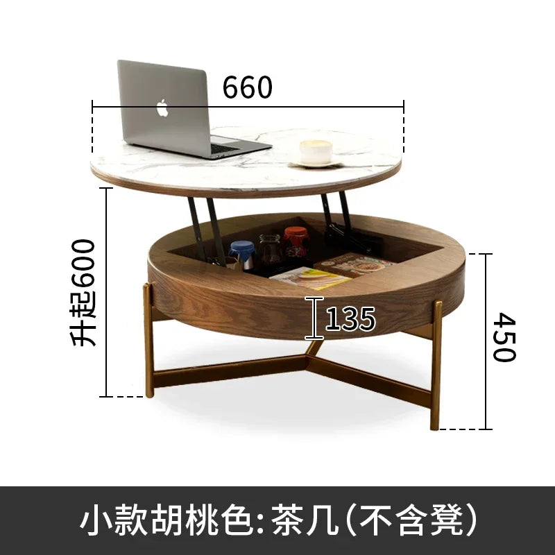 Mesa de centro redonda de elevación ligera de lujo, mueble de TV, sala de estar minimalista moderna, almacenamiento de placa de piedra, mesa de té y silla
