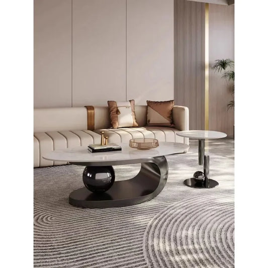 Mesa de té ovalada de acero inoxidable chapada en titanio, placa de roca minimalista y ligera, juego de unidad pequeña para sala de estar