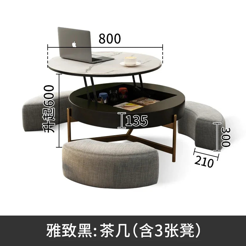 Mesa de centro redonda de elevación ligera de lujo, mueble de TV, sala de estar minimalista moderna, almacenamiento de placa de piedra, mesa de té y silla