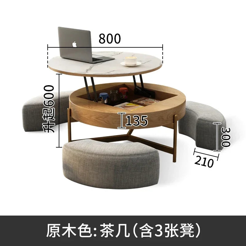 Mesa de centro redonda de elevación ligera de lujo, mueble de TV, sala de estar minimalista moderna, almacenamiento de placa de piedra, mesa de té y silla
