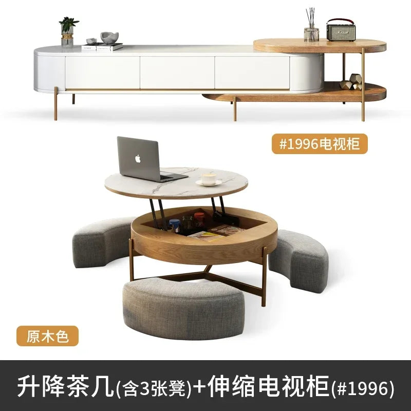 Mesa de centro redonda de elevación ligera de lujo, mueble de TV, sala de estar minimalista moderna, almacenamiento de placa de piedra, mesa de té y silla