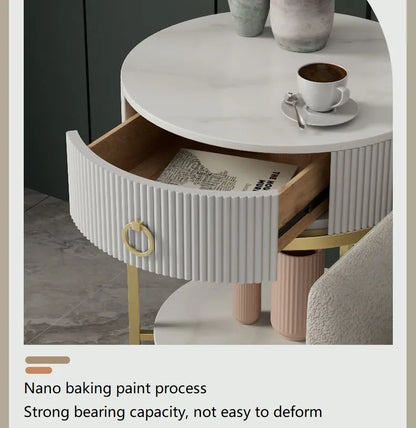 Luxury Modern Round Rock Plate Drawer Tea Table Living Room Sofa Simple Side Table
