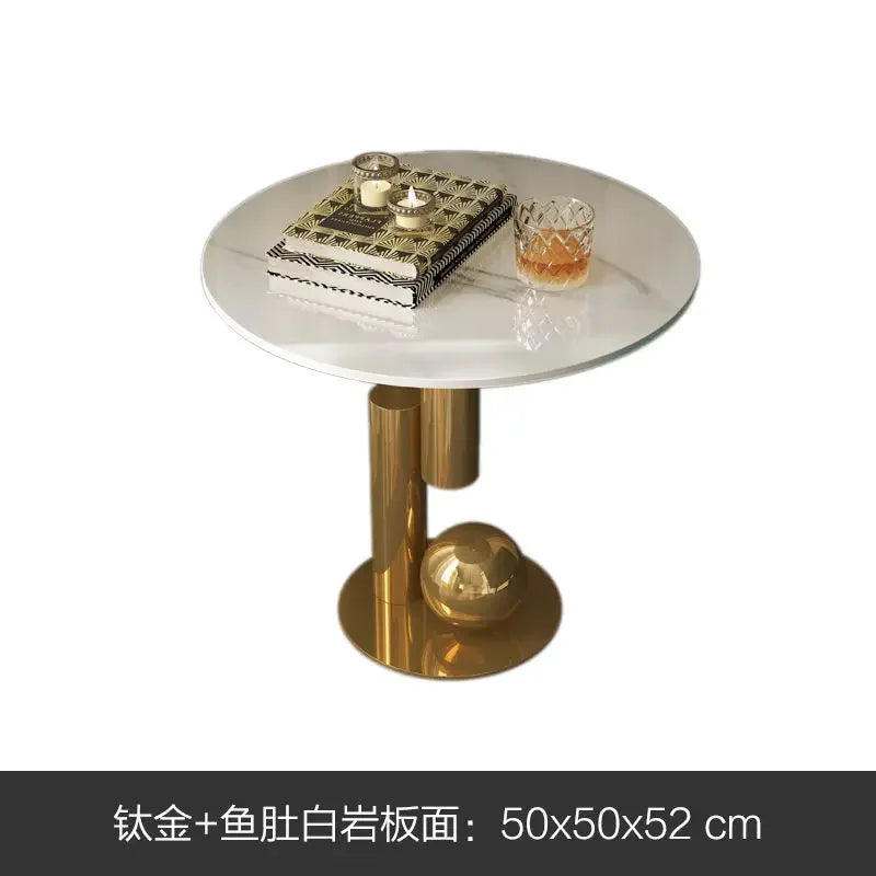 Mesa de té ovalada de acero inoxidable chapada en titanio, placa de roca minimalista y ligera, juego de unidad pequeña para sala de estar