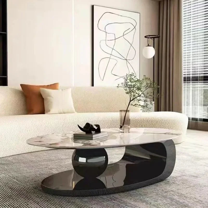 Mesa de té ovalada de acero inoxidable chapada en titanio, placa de roca minimalista y ligera, juego de unidad pequeña para sala de estar