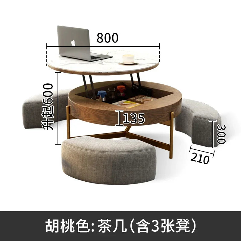 Mesa de centro redonda de elevación ligera de lujo, mueble de TV, sala de estar minimalista moderna, almacenamiento de placa de piedra, mesa de té y silla