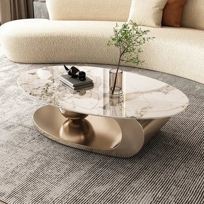 Mesa de té ovalada de acero inoxidable chapada en titanio, placa de roca minimalista y ligera, juego de unidad pequeña para sala de estar