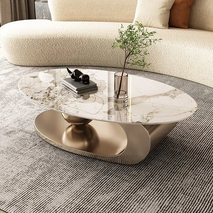 Mesa de té ovalada de acero inoxidable chapada en titanio, placa de roca minimalista y ligera, juego de unidad pequeña para sala de estar