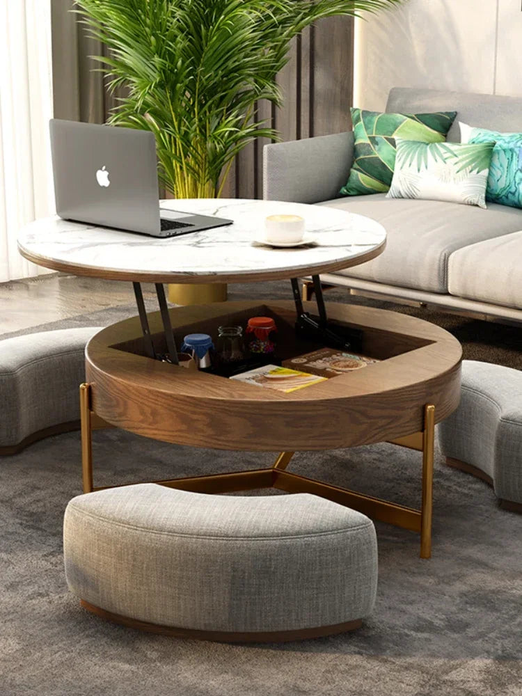 Mesa de centro redonda de elevación ligera de lujo, mueble de TV, sala de estar minimalista moderna, almacenamiento de placa de piedra, mesa de té y silla