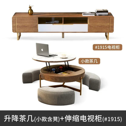 Mesa de centro redonda de elevación ligera de lujo, mueble de TV, sala de estar minimalista moderna, almacenamiento de placa de piedra, mesa de té y silla