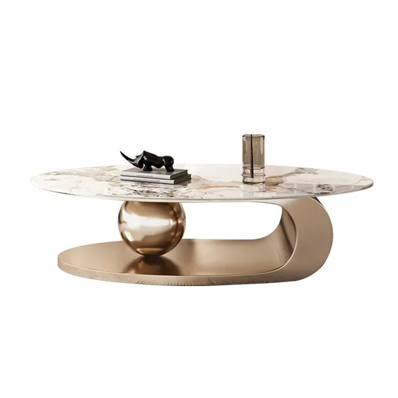 Mesa de té ovalada de acero inoxidable chapada en titanio, placa de roca minimalista y ligera, juego de unidad pequeña para sala de estar