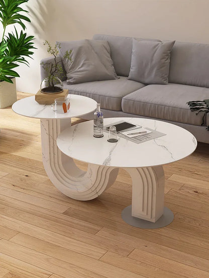 Mesa de centro con placa de piedra de lujo ligera, mesa auxiliar redonda de altura creativa para sala de estar y balcón