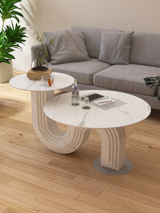 Mesa de centro con placa de piedra de lujo ligera, mesa auxiliar redonda de altura creativa para sala de estar y balcón