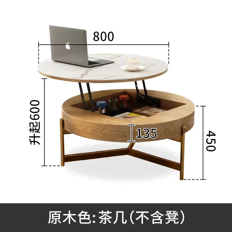 Mesa de centro redonda de elevación ligera de lujo, mueble de TV, sala de estar minimalista moderna, almacenamiento de placa de piedra, mesa de té y silla