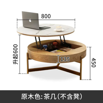 Mesa de centro redonda de elevación ligera de lujo, mueble de TV, sala de estar minimalista moderna, almacenamiento de placa de piedra, mesa de té y silla