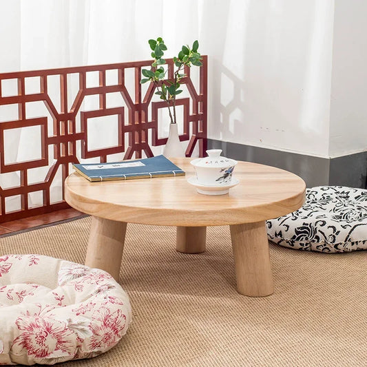 Mini mesa baja redonda de madera maciza para dormitorio, ventana de Bahía Simple y moderna, Tatami de arroz, pequeña mesa de té de café, mesas de tierra