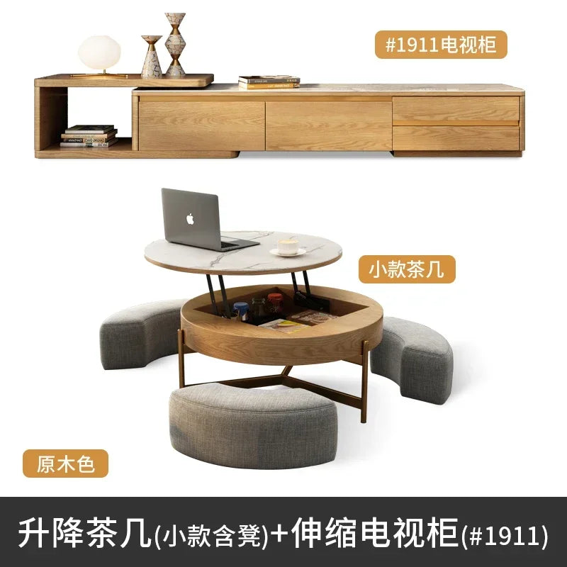 Mesa de centro redonda de elevación ligera de lujo, mueble de TV, sala de estar minimalista moderna, almacenamiento de placa de piedra, mesa de té y silla