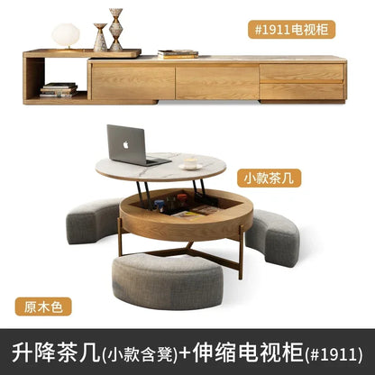 Mesa de centro redonda de elevación ligera de lujo, mueble de TV, sala de estar minimalista moderna, almacenamiento de placa de piedra, mesa de té y silla
