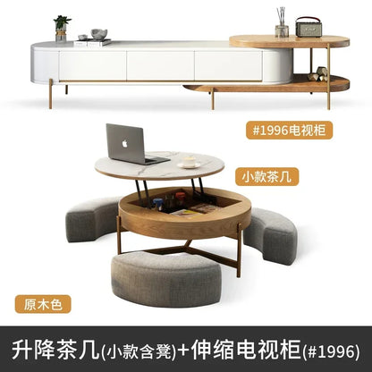 Mesa de centro redonda de elevación ligera de lujo, mueble de TV, sala de estar minimalista moderna, almacenamiento de placa de piedra, mesa de té y silla