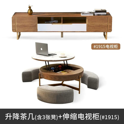 Mesa de centro redonda de elevación ligera de lujo, mueble de TV, sala de estar minimalista moderna, almacenamiento de placa de piedra, mesa de té y silla