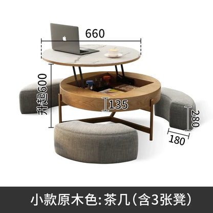 Mesa de centro redonda de elevación ligera de lujo, mueble de TV, sala de estar minimalista moderna, almacenamiento de placa de piedra, mesa de té y silla