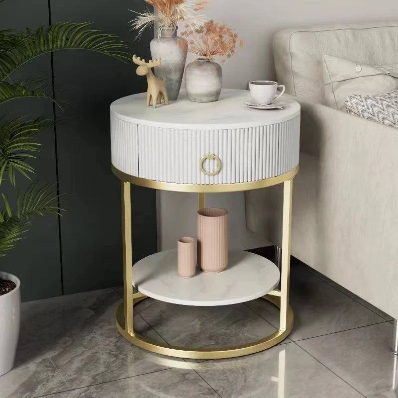 Luxury Modern Round Rock Plate Drawer Tea Table Living Room Sofa Simple Side Table
