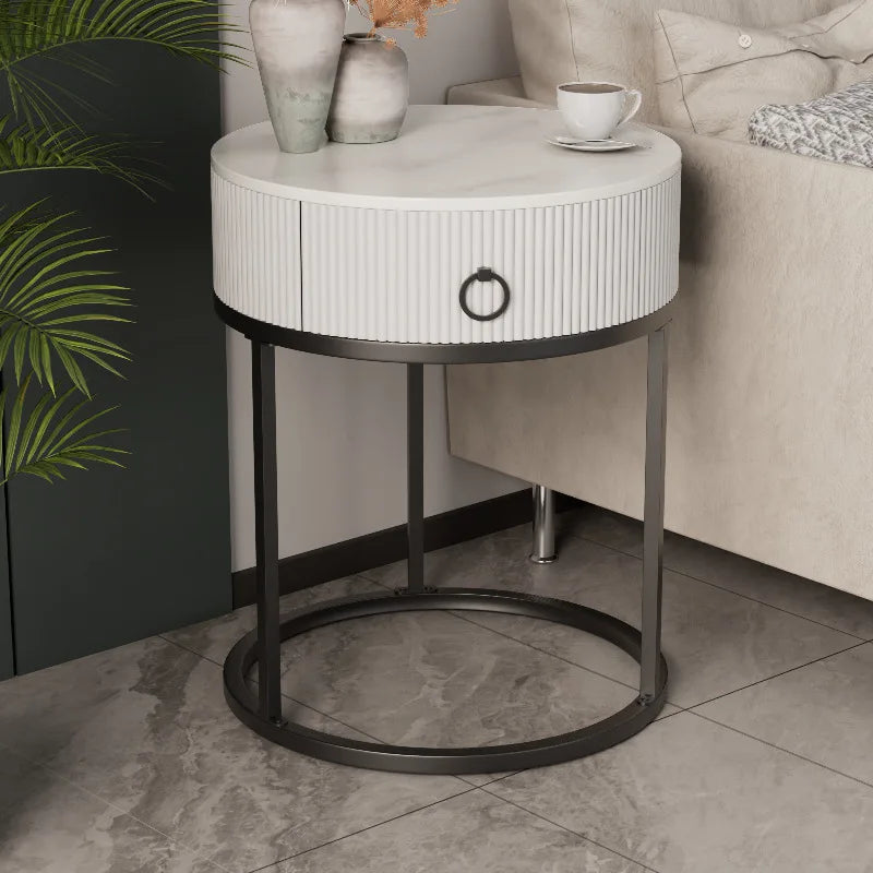 Luxury Modern Round Rock Plate Drawer Tea Table Living Room Sofa Simple Side Table