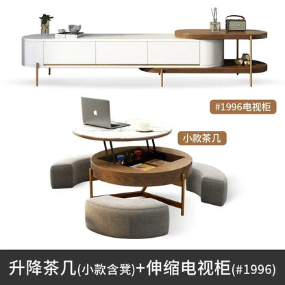 Mesa de centro redonda de elevación ligera de lujo, mueble de TV, sala de estar minimalista moderna, almacenamiento de placa de piedra, mesa de té y silla