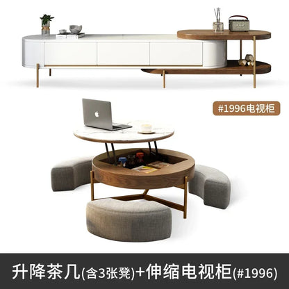 Mesa de centro redonda de elevación ligera de lujo, mueble de TV, sala de estar minimalista moderna, almacenamiento de placa de piedra, mesa de té y silla
