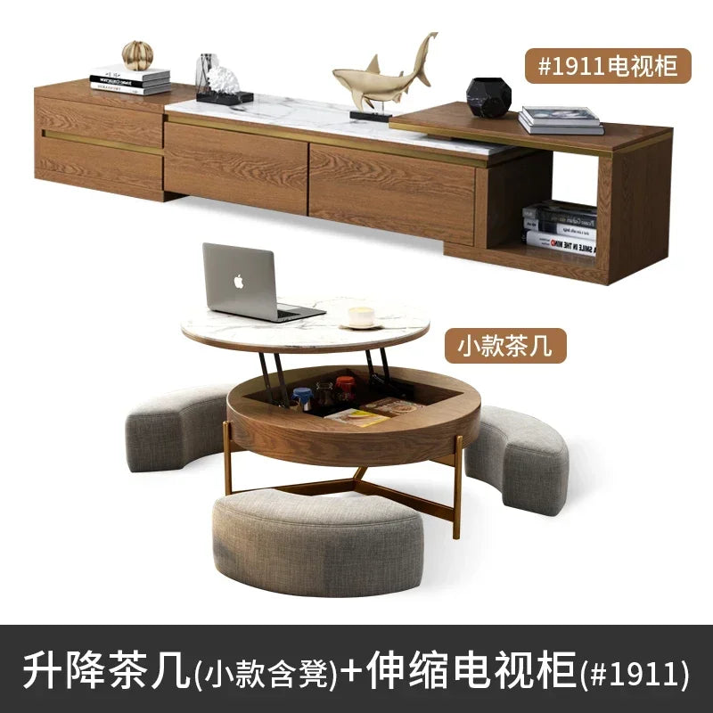 Mesa de centro redonda de elevación ligera de lujo, mueble de TV, sala de estar minimalista moderna, almacenamiento de placa de piedra, mesa de té y silla