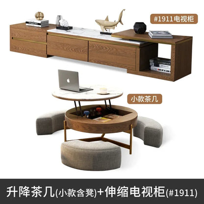 Mesa de centro redonda de elevación ligera de lujo, mueble de TV, sala de estar minimalista moderna, almacenamiento de placa de piedra, mesa de té y silla