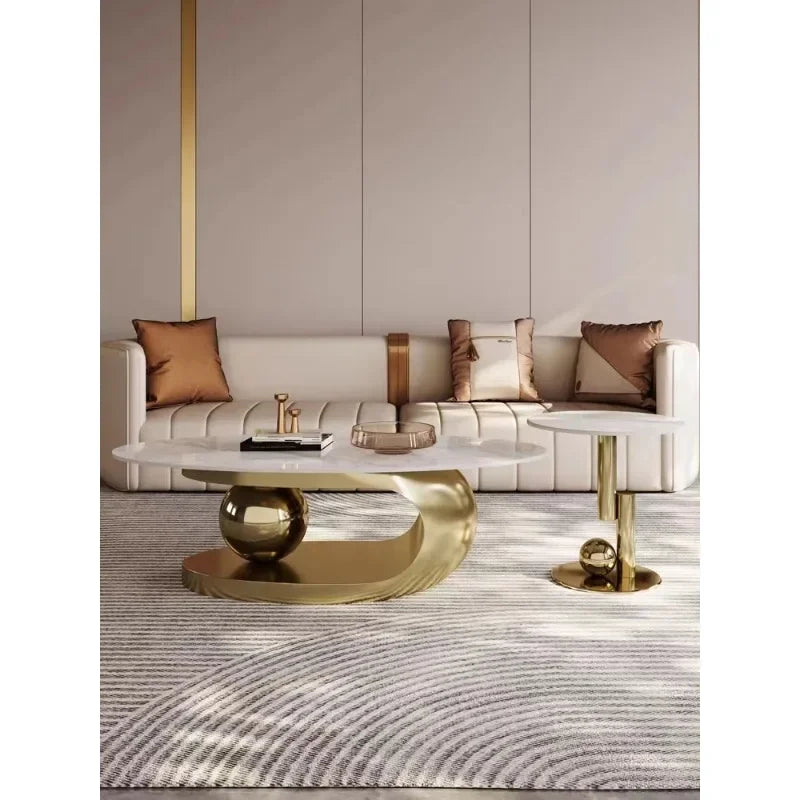 Mesa de té ovalada de acero inoxidable chapada en titanio, placa de roca minimalista y ligera, juego de unidad pequeña para sala de estar