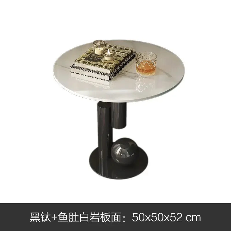 Mesa de té ovalada de acero inoxidable chapada en titanio, placa de roca minimalista y ligera, juego de unidad pequeña para sala de estar