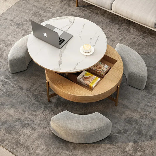 Mesa de centro redonda de elevación ligera de lujo, mueble de TV, sala de estar minimalista moderna, almacenamiento de placa de piedra, mesa de té y silla