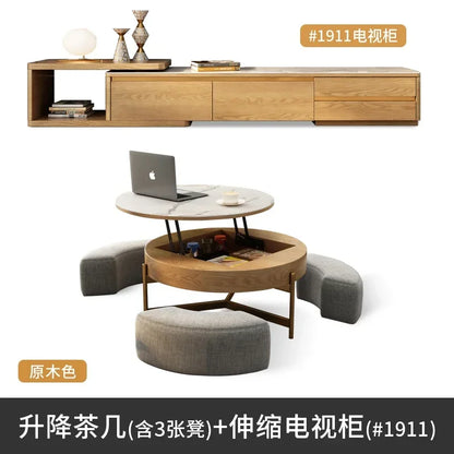 Mesa de centro redonda de elevación ligera de lujo, mueble de TV, sala de estar minimalista moderna, almacenamiento de placa de piedra, mesa de té y silla
