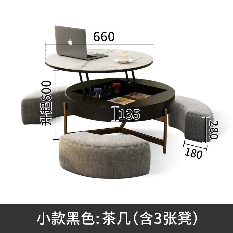 Mesa de centro redonda de elevación ligera de lujo, mueble de TV, sala de estar minimalista moderna, almacenamiento de placa de piedra, mesa de té y silla