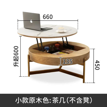 Mesa de centro redonda de elevación ligera de lujo, mueble de TV, sala de estar minimalista moderna, almacenamiento de placa de piedra, mesa de té y silla