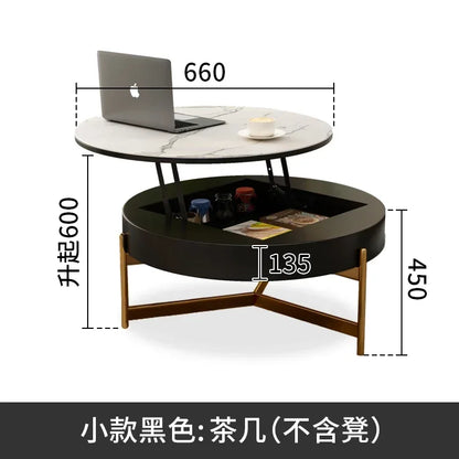 Mesa de centro redonda de elevación ligera de lujo, mueble de TV, sala de estar minimalista moderna, almacenamiento de placa de piedra, mesa de té y silla