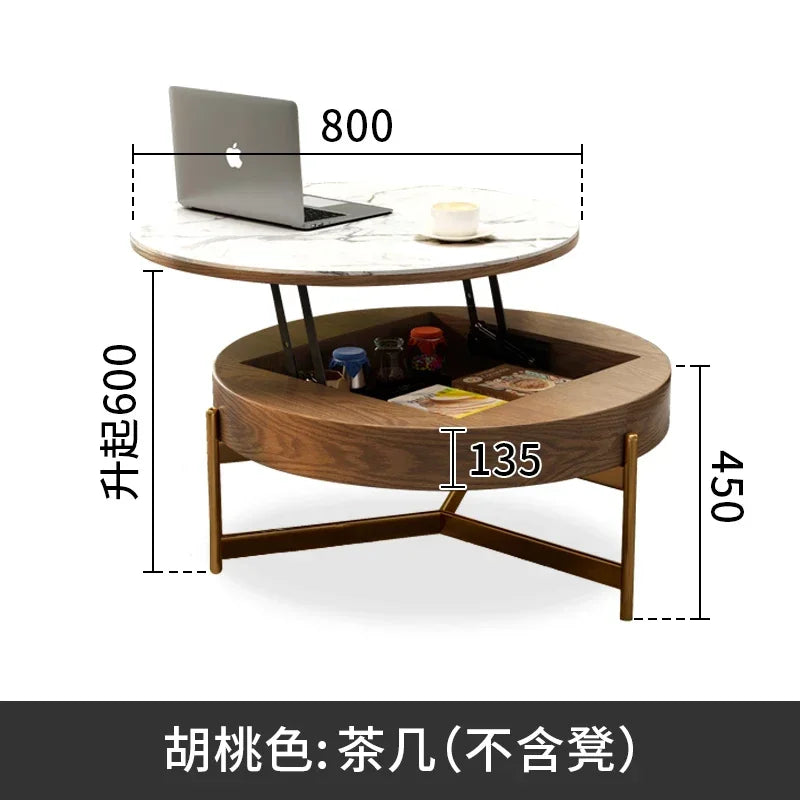 Mesa de centro redonda de elevación ligera de lujo, mueble de TV, sala de estar minimalista moderna, almacenamiento de placa de piedra, mesa de té y silla
