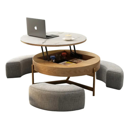 Mesa de centro redonda de elevación ligera de lujo, mueble de TV, sala de estar minimalista moderna, almacenamiento de placa de piedra, mesa de té y silla