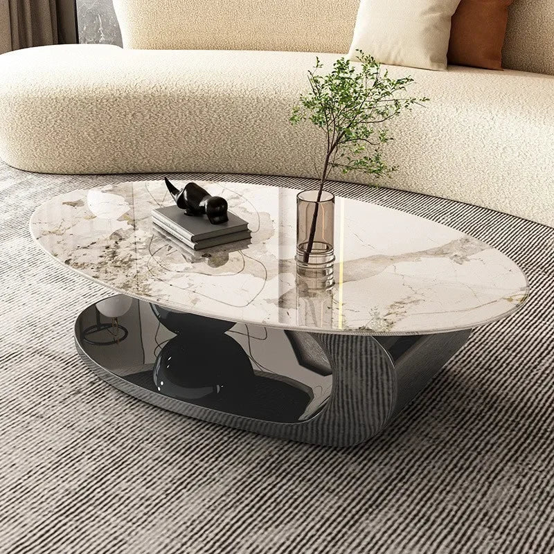 Mesa de té ovalada de acero inoxidable chapada en titanio, placa de roca minimalista y ligera, juego de unidad pequeña para sala de estar